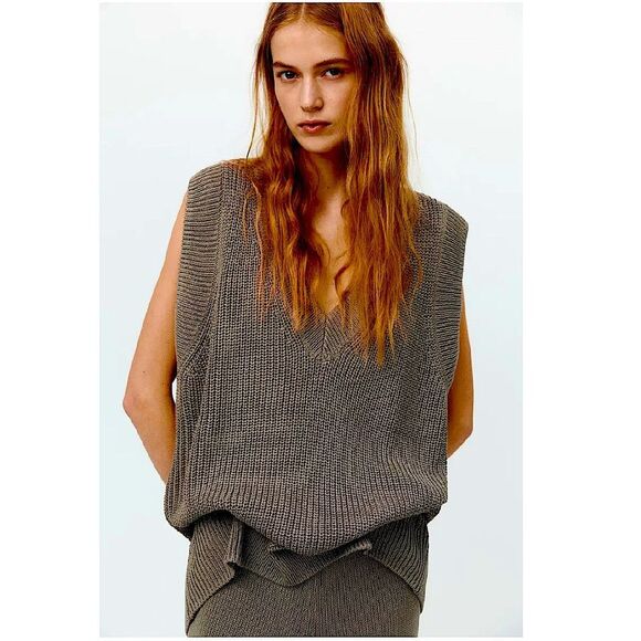Zara Brown Chunky Knit Oversized V-Neck Sweater Vest Size Small - Picture 2 of 9